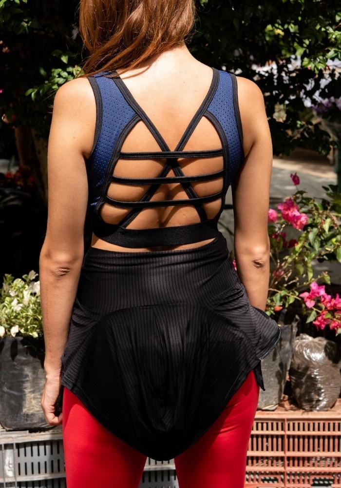 Top deportivo para mujer espalda cruzada tiras color azul y negro - Tienda online de ropa deportiva Kinema